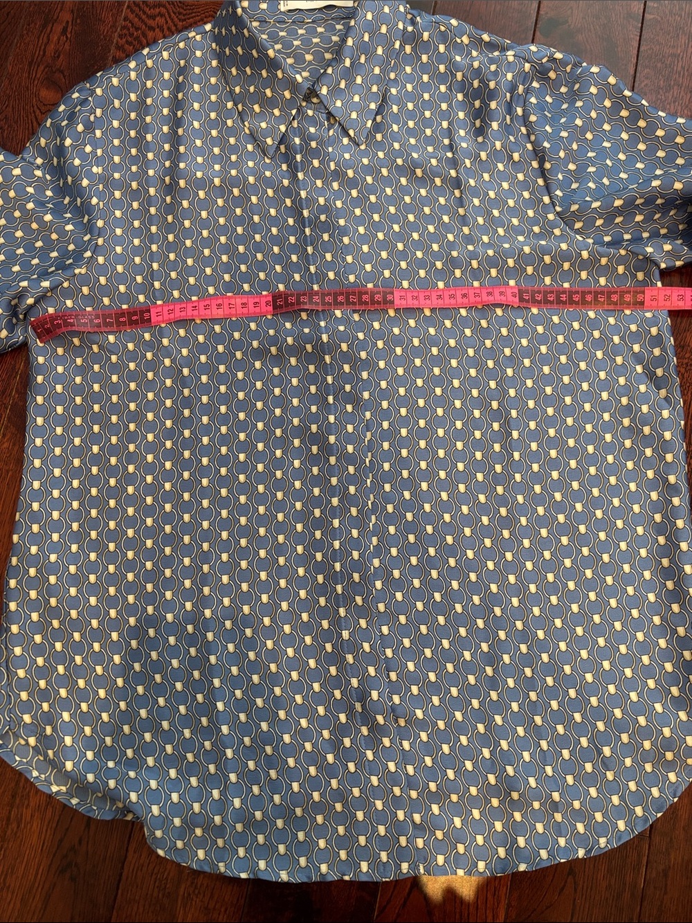 Mango Blue Geometric Print Button-Up Blouse with Yellow Accents